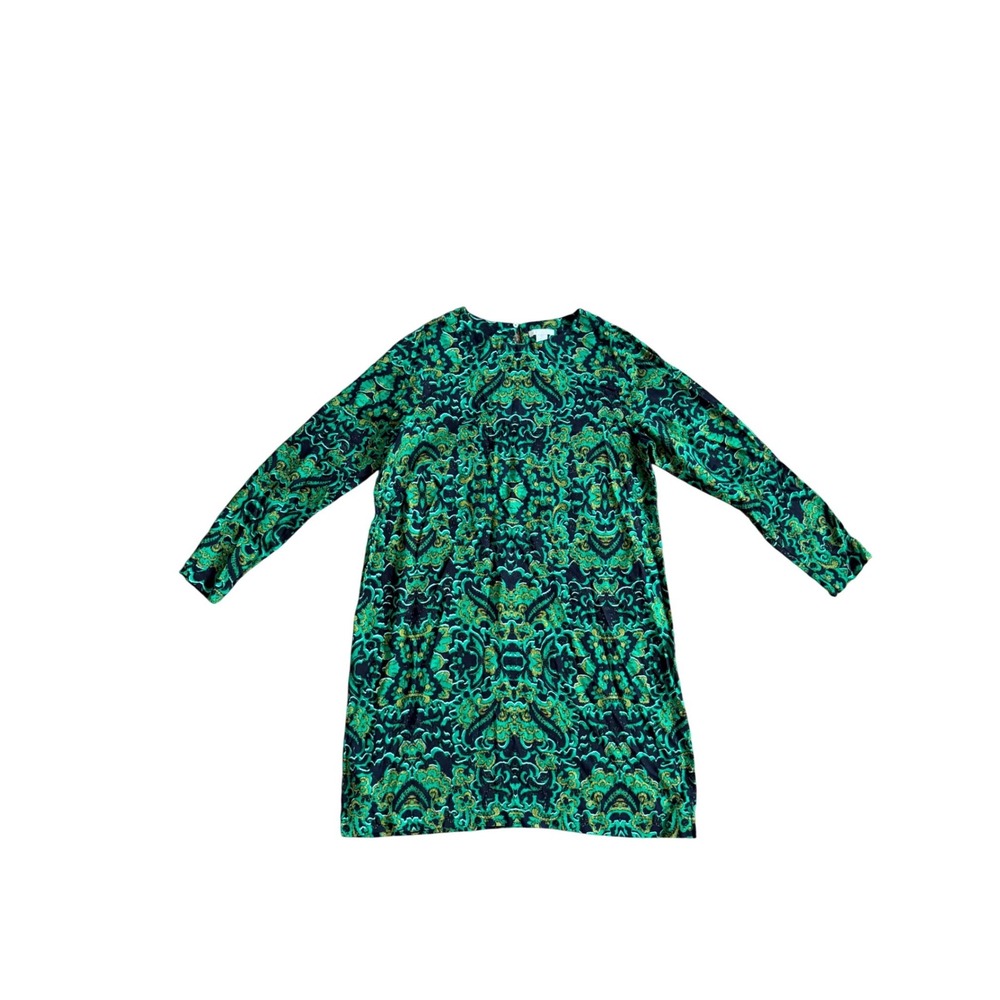 H&M Shift Dress Women 12 Green Paisley Damask Long Sleeve‎ Viscose Boho Eclectic